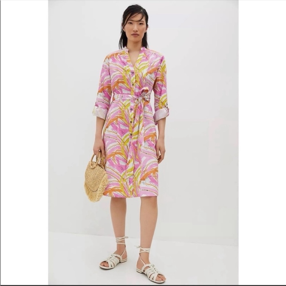 Anthropologie Vera Confetti Pink Midi Shirt Dress Large Belted Cotton Multicolor